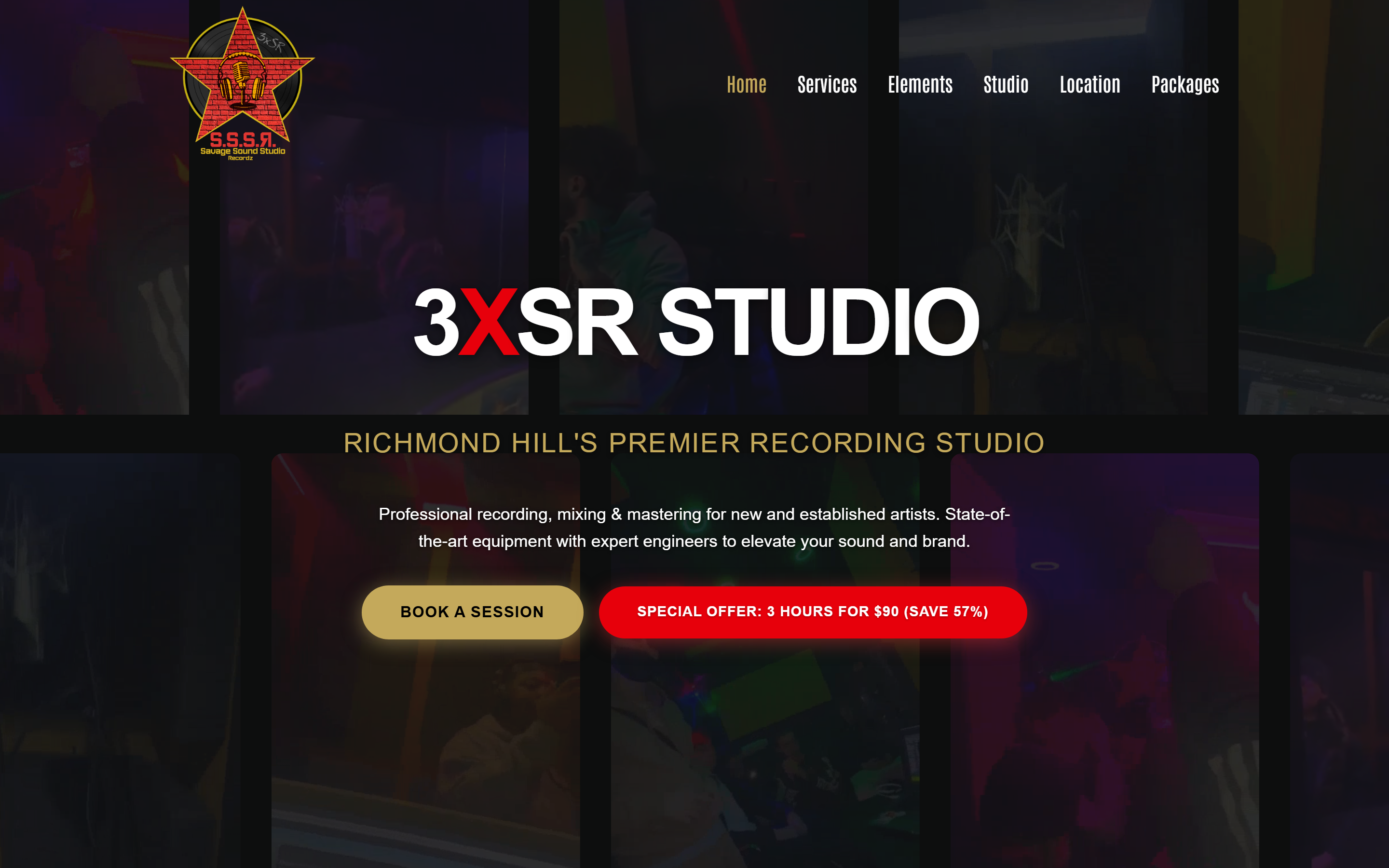 3xSR Studio hero with background video tiles and booking/special-offer buttons