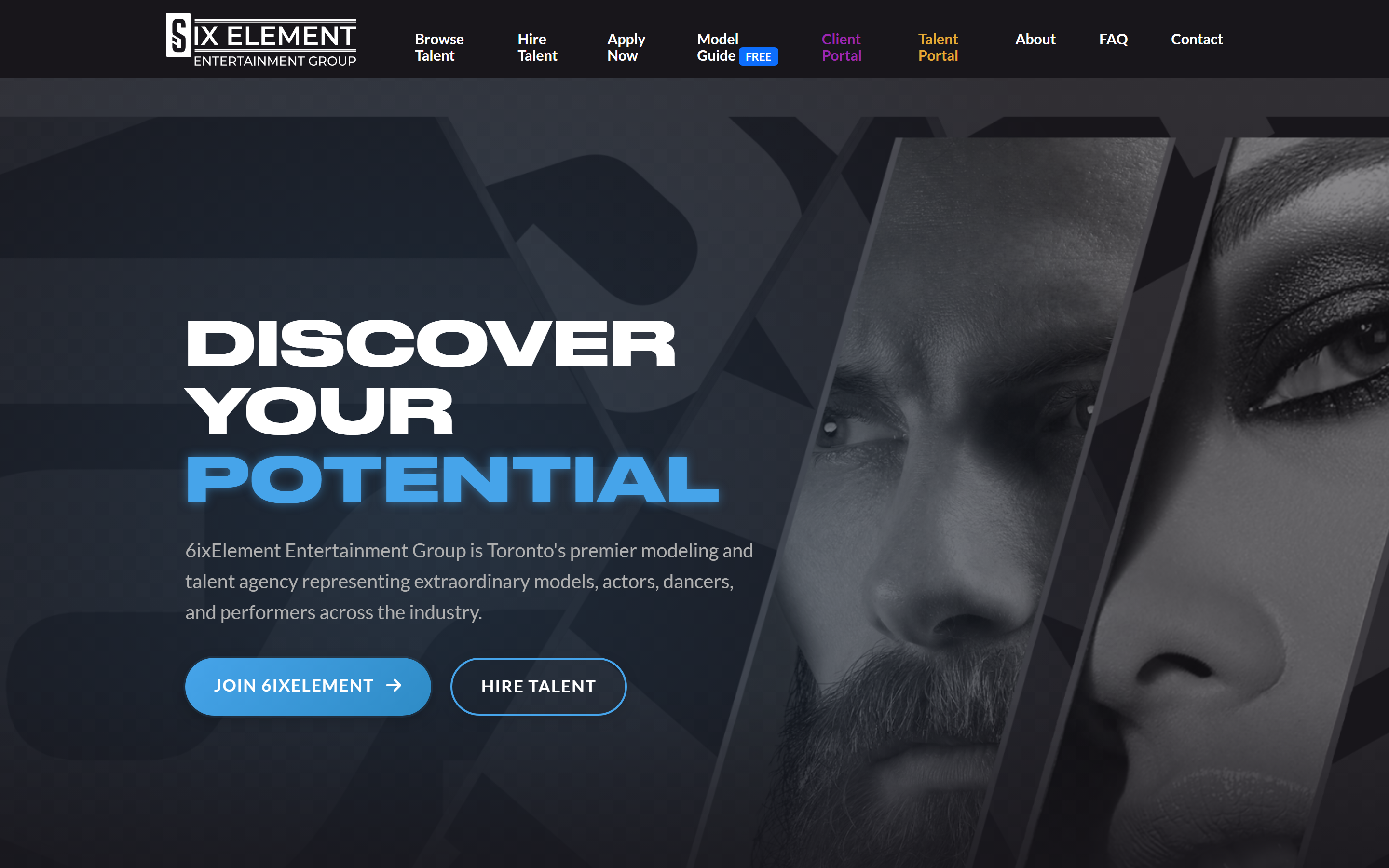 Hero: "Discover your potential" headline over split model portrait photography