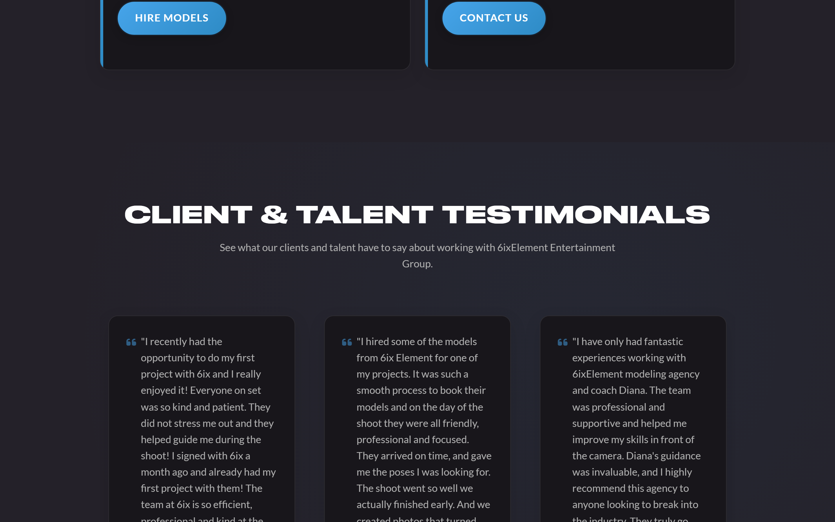 Talent booking and model development cards plus client testimonials heading