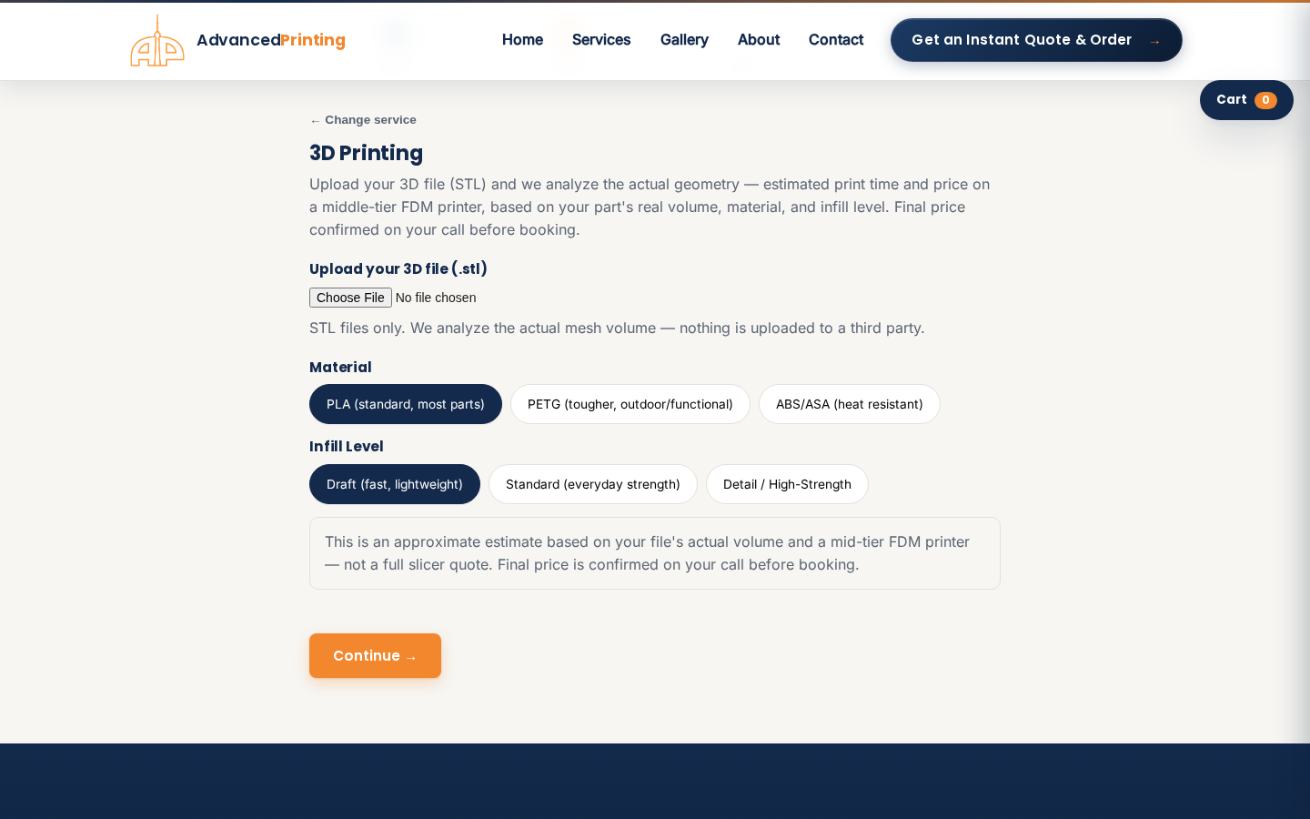 3D-print quoting — client-side STL parser reads real mesh volume