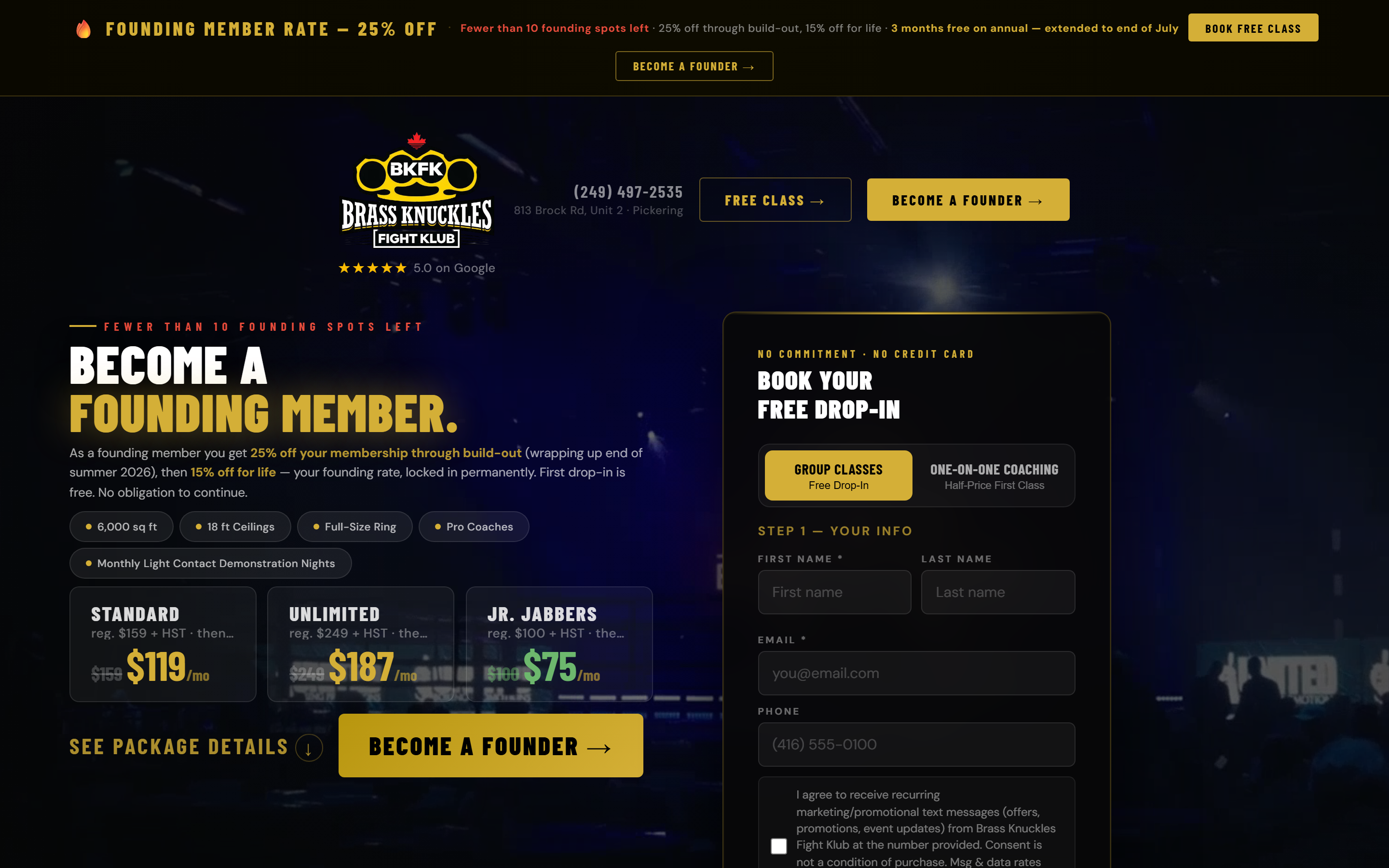 Founding member offer banner, gym logo, and free drop-in booking form