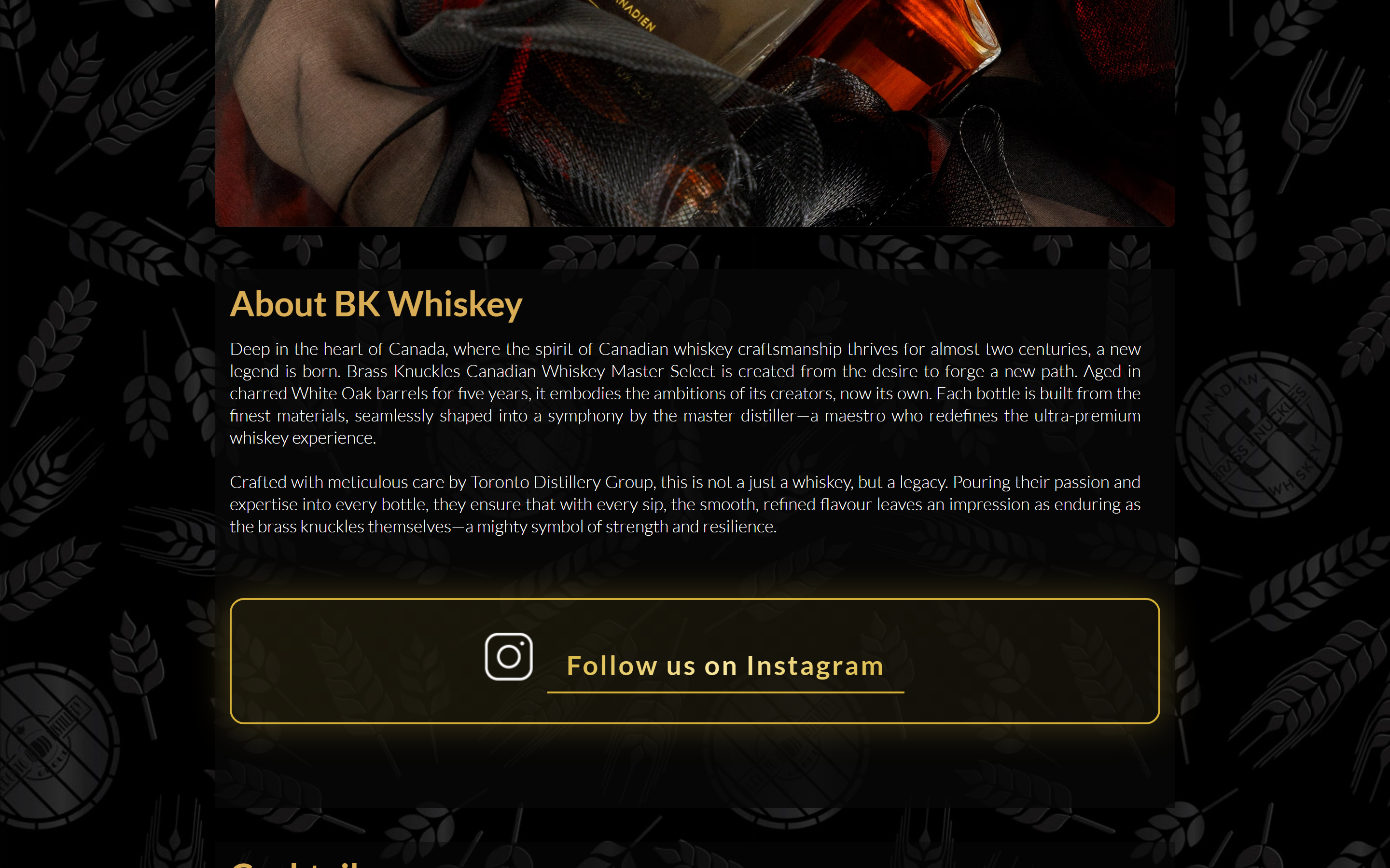 About BK Whiskey section describing Toronto Distillery Group's aging process