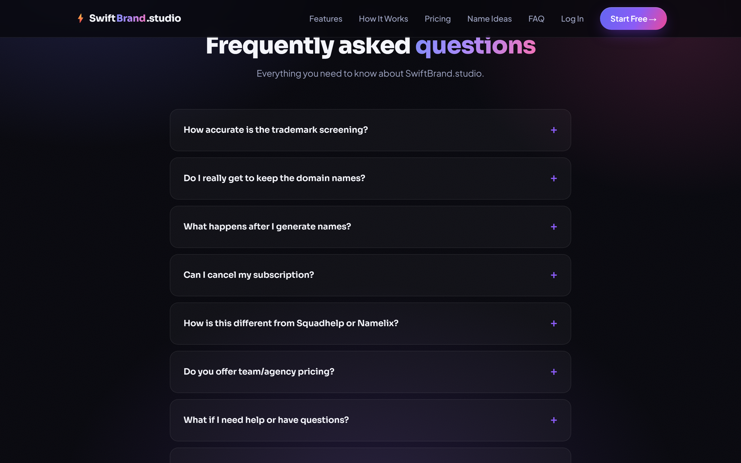 Frequently asked questions accordion list with 8 collapsed questions